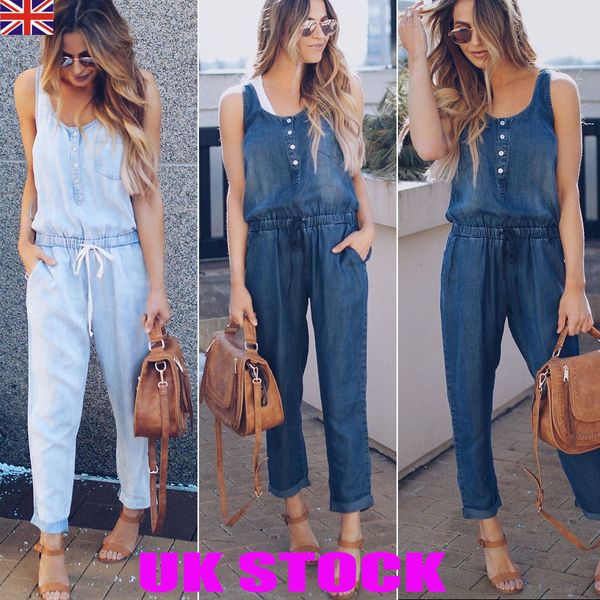 

womens designerslim vest denim jumpsuit casual pants, Blue