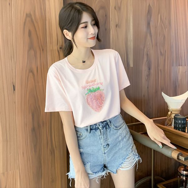 

ins2019 heavy industry beaded loose short-sleeved all-match female ins2019 heavy industry beaded strawberry loose short-sleeved t-shirt, White