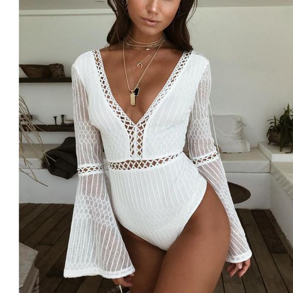 

deep v-neck women jumpsuits long sleeve lace flare sleeve elegant summer woman clothing hollow out bodysuits backless playsuits, Black;white