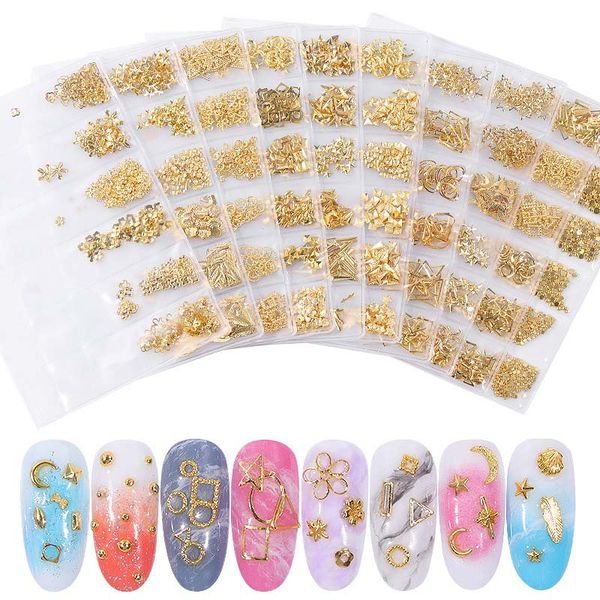 

6 grids gold silver hollow 3d nail art decorations mix metal frame nail rivets shiny charm strass manicure accessories studs, Silver;gold