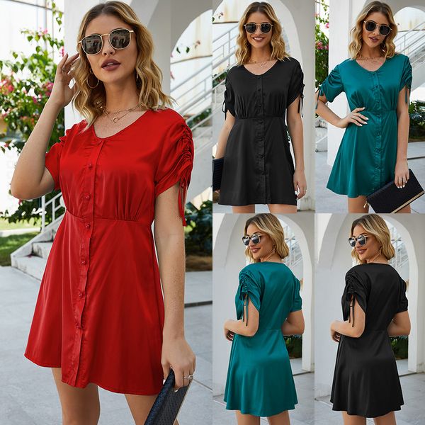 

2020 dress suit-dress solid color round neck short sleeve button leisure time dress