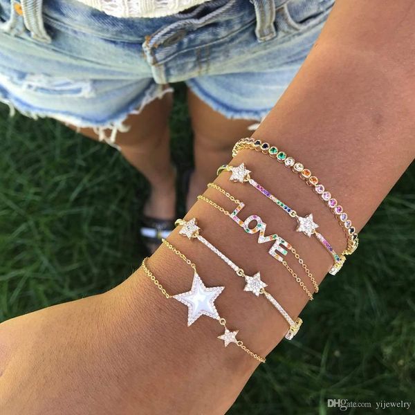 

2018 christmas gift jewelry rainbow cz star bracelet for girl women 16+5cm extend chain classic star design jewelry