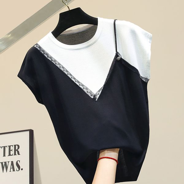 

color block sleeveless mock two-piece white black cotton net red t-shirt female t-shirt loose tshirt tees 2020 new summer tshirt