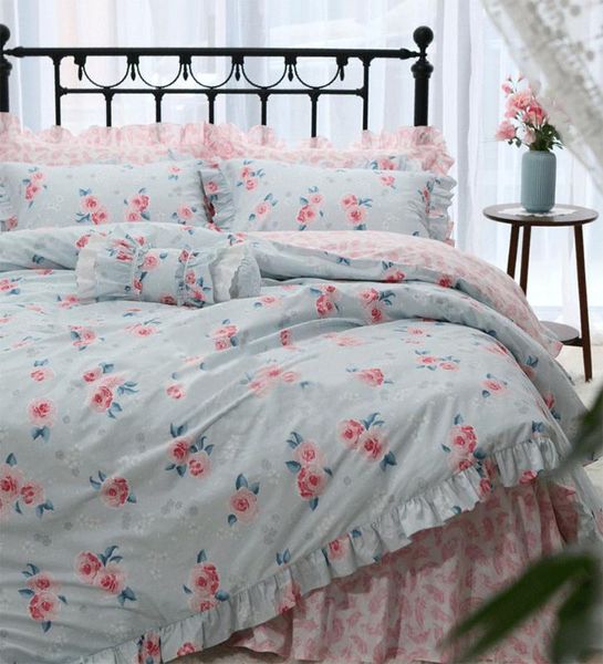 

pastoral blue pink flower bedding set,full  king cotton sweet floral double home textile bedspread pillow case duvet cover