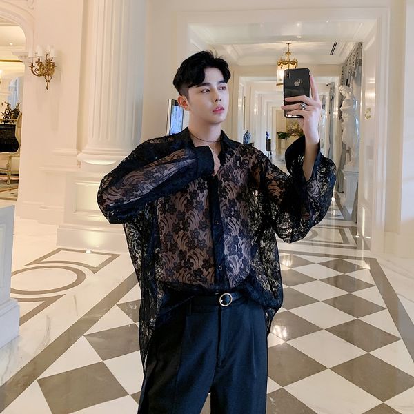 

men long sleeve transparent organza embroidery loose casual shirt male women vintage streetwear hip hop shirts stage costume, White;black