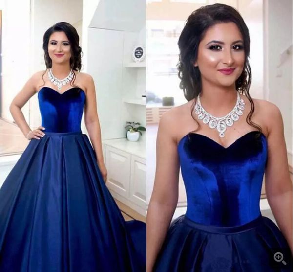 Royal Blue Velvet uma longa linha Prom Dresses Strapless Evening Partido Vestidos Formais