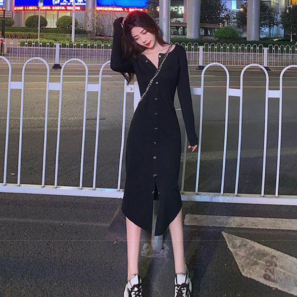

women dresses elegant light mature style small black dress slim slimming bag hip split mid-length long sleeve bottoming dress womens fashion, White;black