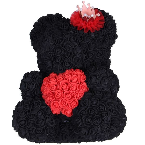 

40cm teddy bear with crown in gift box bear of roses artificial flower new year gifts for women valentines gift black-love