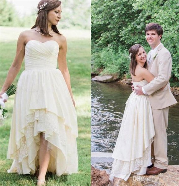 

country western high low wedding dress spring 2019 sweetheart neckline ruched bodice hi low hemline ivory lace beach bridal wedding gown, White