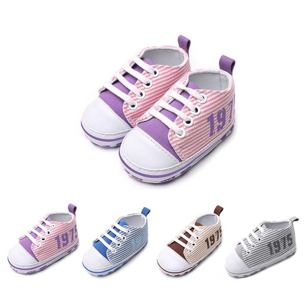 

2019 infant lace-up striped digital style cotton casual fashiontoddler solid canvas soft sole anti-slip single crib shoes