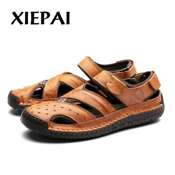 

summer genuine leather handmade outdoor shoes men sandals classic for male soft walking beach sandalias sandal slides, Black