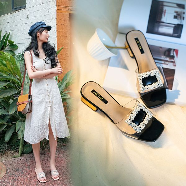 

sandals for women in 2020 summer wear all kinds of medium heel beach shoes one word thick heel slippers 4143 large shoes, Black