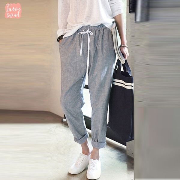 

брюки женские шаровары дамы лето эластичный пояс сыпучие твердые штаны широкие ноги хлопка и льна свободные капри, Black;white