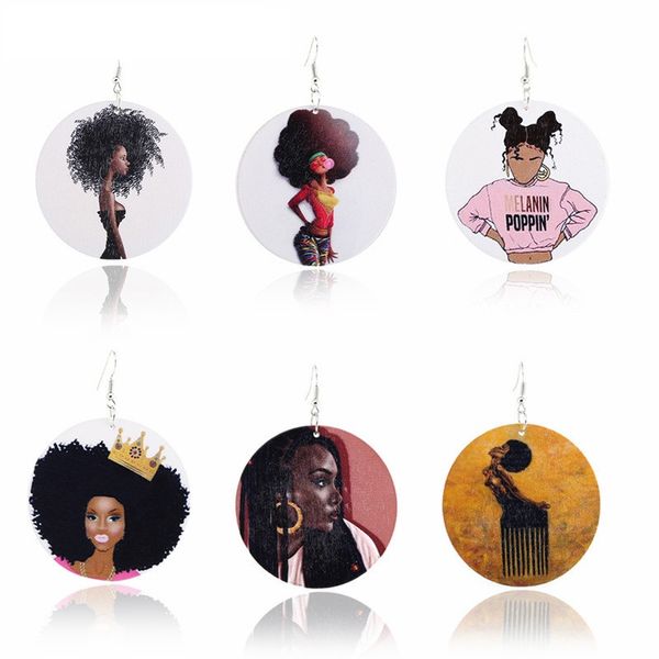 

красочные круглые деревянные серьги печати африканские женские головы деревянные серьги ручной работы diy крюк eardrop женщины леди ювелирны, Silver