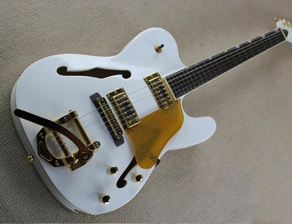 

factory custom white semi-hollow electric guitar with small rocker,golden pickguard ,rosewood fretboard,offer customized