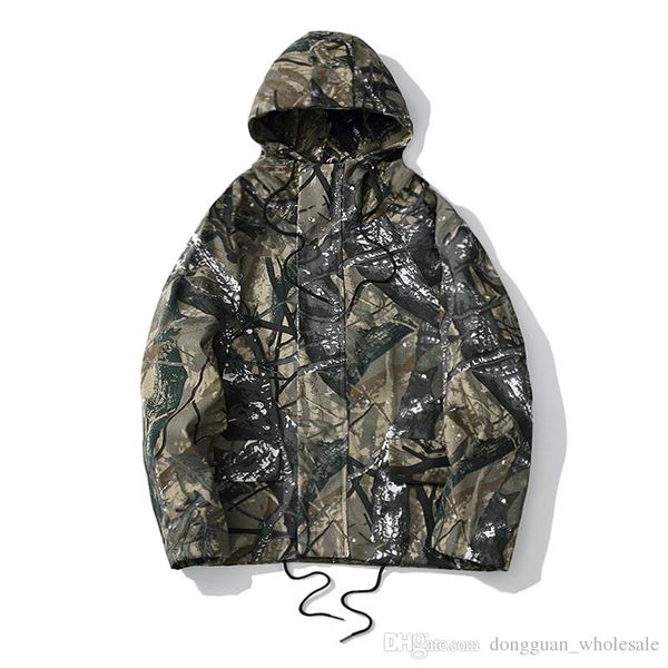

2019 spring new men leaves camouflage military printed loose hooded jackets streetwear mens hip hop windbreaker jacket coat, Black;brown