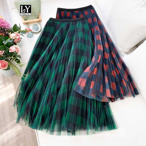

skirts ly varey lin spring tulle skirt women vintage plaid high waist ball gown female retro elegant mid-calf party, Black