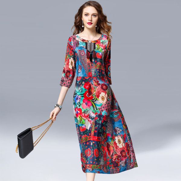 

2019 women tassel dress elegant floral spring summer three quarter sleeve vestidos vintage print faux silk dresses high quality, Black;gray