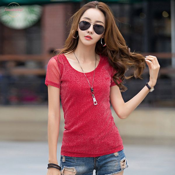 

shiny lurex velour t shirts women 2020 summer slim o neck short sleeve t shirt woman solid tees harajuku mesh top, White