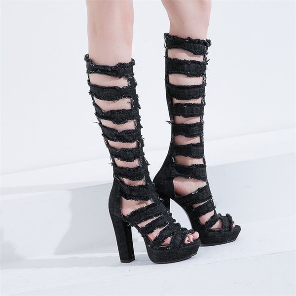 

conasco fashion women pumps denim material pumps suqare high heels prom party night club shoes motorcyle boots, Black