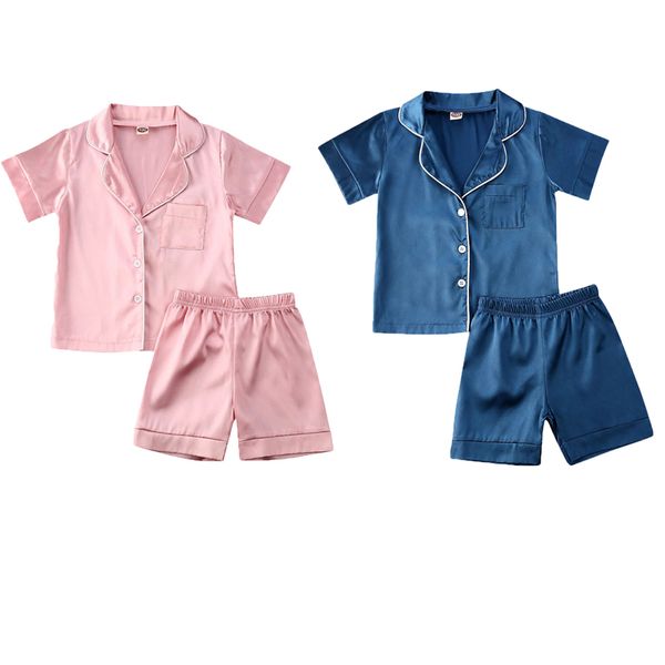 

2020 summer infant baby girls boys pajama sets casual solid short sleeve v neck +shorts 2 colors outfit 6m-6y, Blue;red
