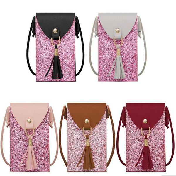 

sequin mobile phone mini bags small clutches shoulder bag tassel leather women handbag pink clutch purse handbag flap