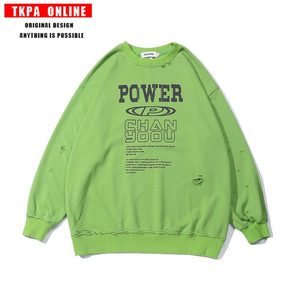 

men's hoodies-original tide brand men's european and american street trend candy color loose retro wash old hole sweater men, Black