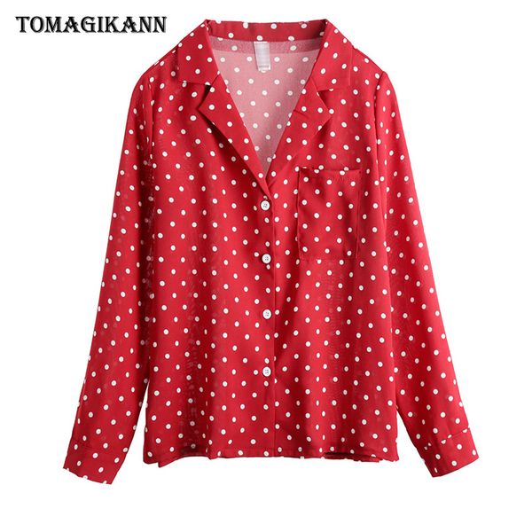 

chic polka dots print women blouse shirt 2019 spring pocket turn down collar blusas long sleeve chemisier femme, White