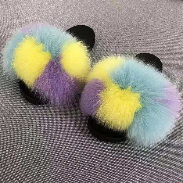 

women fur slides fox fur slippers multi colorful crossbody and fox fur slides, Black