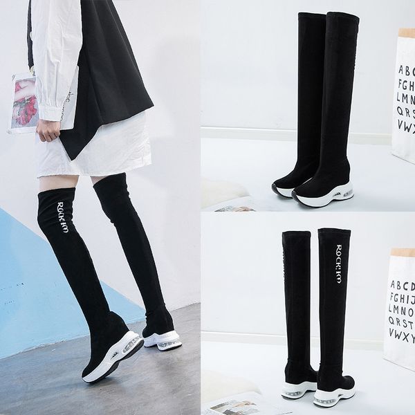

elastic cloth over knee boots with thick bottom and increased air cushion women shoes autumn winter casual alphabet boots, Black