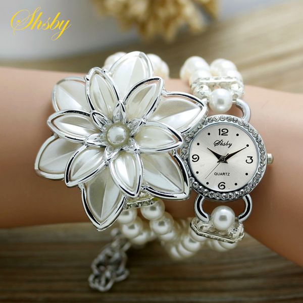 

shsby fashion women rhinestone watches ladies pearl strap many petals flower bracelet quartz wristwatches women dress watches, Slivery;brown