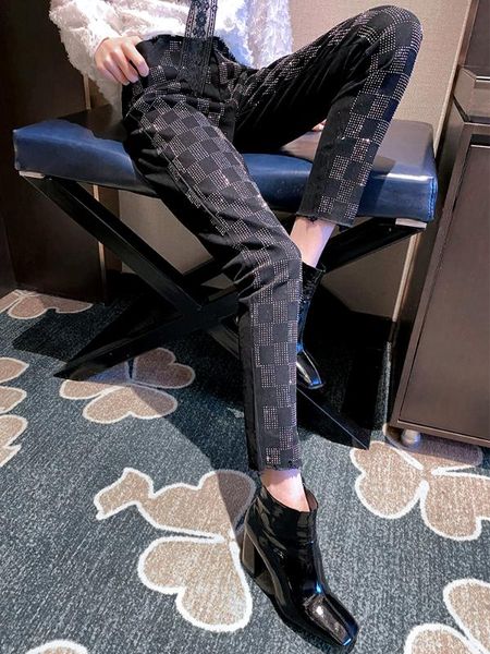 

european station spring new heavy industry rhinestone beaded tassel jeans female high waist was thin pencil jeans f1236, Blue