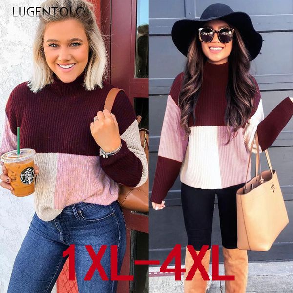 

lugentolo women sweater fashion autumn and winter xl fat beauty casual color matching long sleeve high collar sweater, White;black