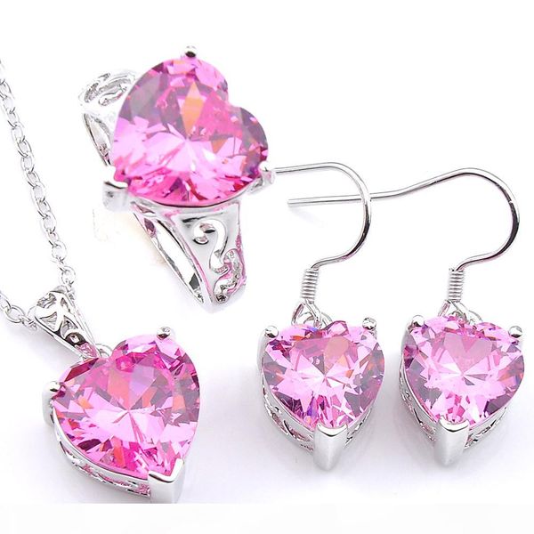 

luckyshine mix 3pcs lot valentine's day gift heart necklace designers ring set cubic zirconia gems 925 women fashion wedding jewelry ne, Slivery;golden