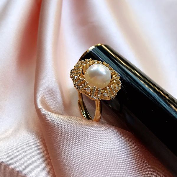 

black friday gold color silver 925 big rings for women zircon adjustable wedding ring white natural freshwater pearl, Golden;silver