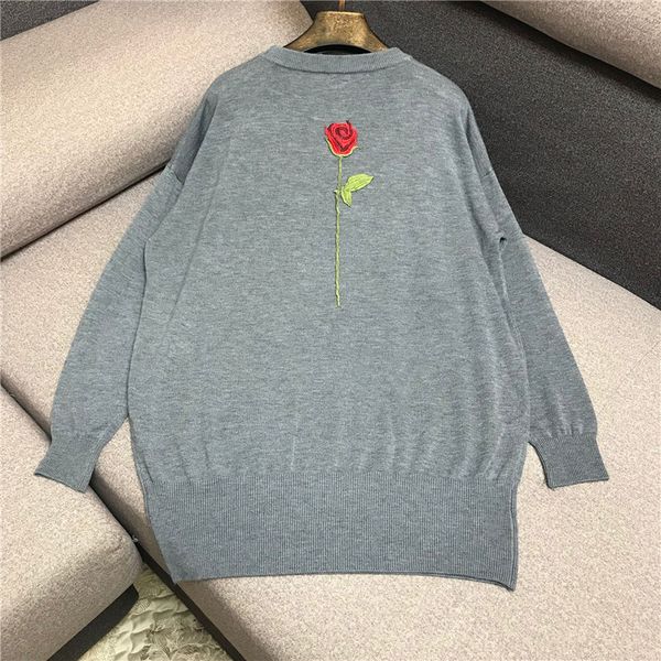 

luxury designer brand knitted sweater for women vintage o neck rose embroidery on the back knitted pullovers grey sweater, White;black
