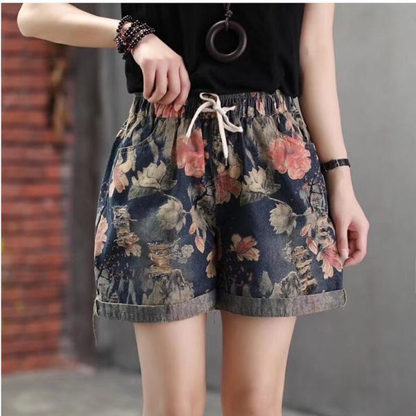 

2020 summer fashion ladies denim trousers women floral printed shorts female vintage loose pockets jeans shorts elastic waist, Blue