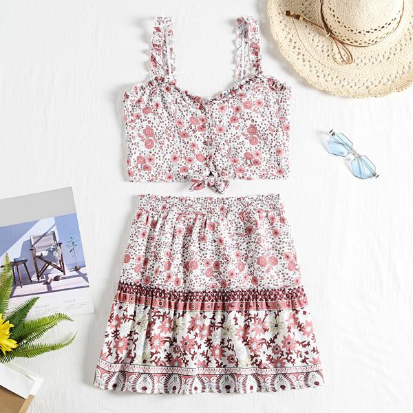 

kenancy women sets spaghetti strap backless ruffle floral print crop elastic waist skirt summer women's two-piece suit new, White