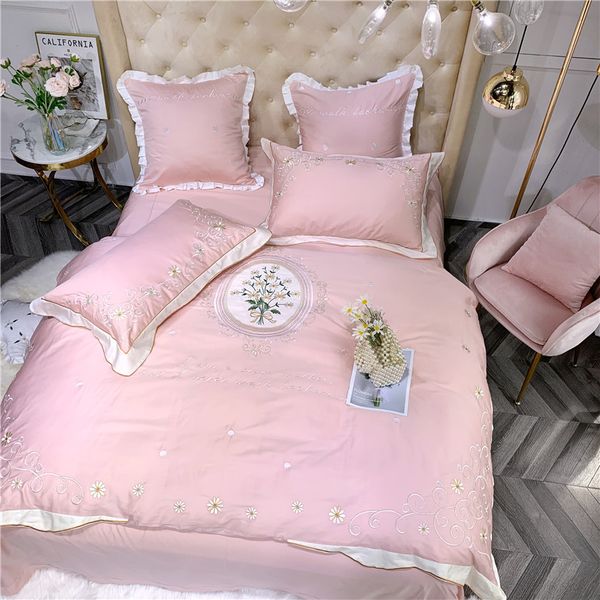 Vintage Floral Embroidery Duvet Cover Set 4 Girls Pink Yellow