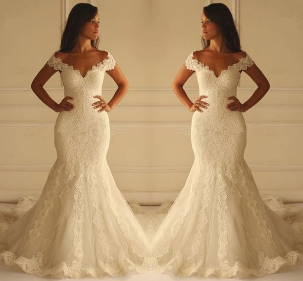 

2020 mermaid wedding dresses vintage lace appliques bridal gowns v neck off the shoulder hollow back custom made plus size brides wear, White