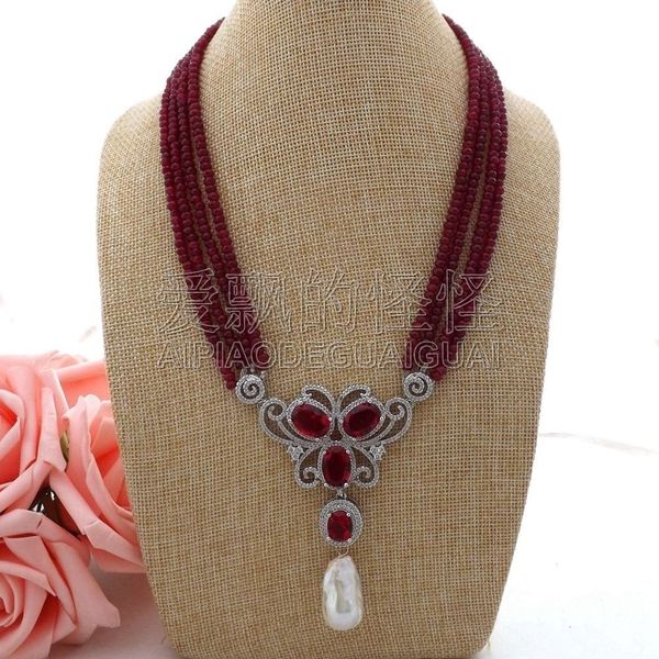 

n062306 19'' 4 strands red necklace white keshi pearl cz pave pendant, Silver
