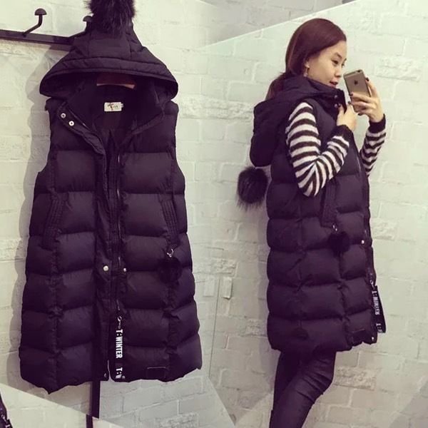 

mid-length down feather cotton vest coat women's autumn and winter new style hooded pom thick cotton-padded jacket vest, Black;white