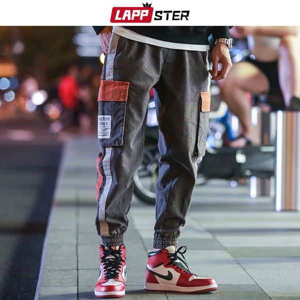 

lappster men streetwear patchwork carog pants 2019 overalls men hip hop color block joggers sweatpants baggy trousers fashions, Black