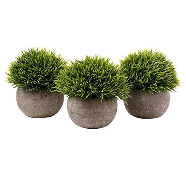 

2019 artificial bonsai home decoration set of 3 artificial green grass bonsai art plant with gray pot with gray pot floral