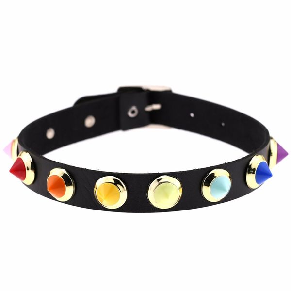 

kmvexo chic handmade leather candy color rivets spikes choker necklace women gothic chocker statement necklace 2017 punk jewelry, Golden;silver