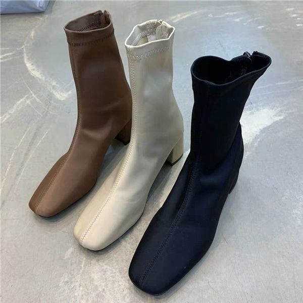 

halozeroo solid color boots female 2019 new women's boots wild square retro short tube zipper thick with small, Black