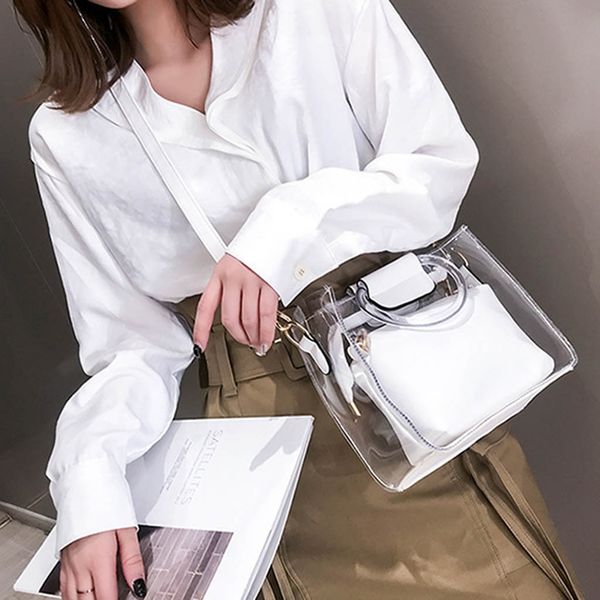 

fashion 2019 casual summer women handbag 2pc jelly transparent messenger bag woman new portable shoulder travel cross bag