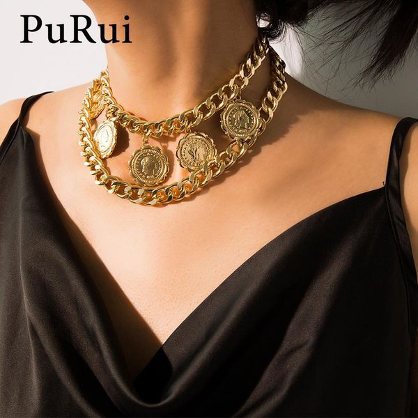 

purui punk coin tassel layered pendant necklace personalized chunky statement choker necklace for women hip hop fashion jewelry, Golden;silver