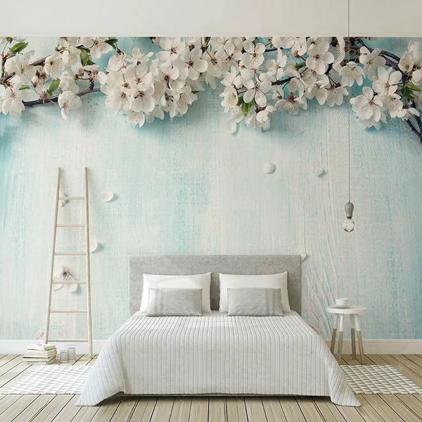 

custom any size mural wallpaper 3d blue wood grain cherry blossom p wall painting living room bedroom romantic 3d home decor