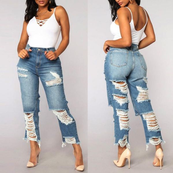 

women high waist skinny hole jeans women denim pants destroyed stretch slim pants calf length jeans, Blue
